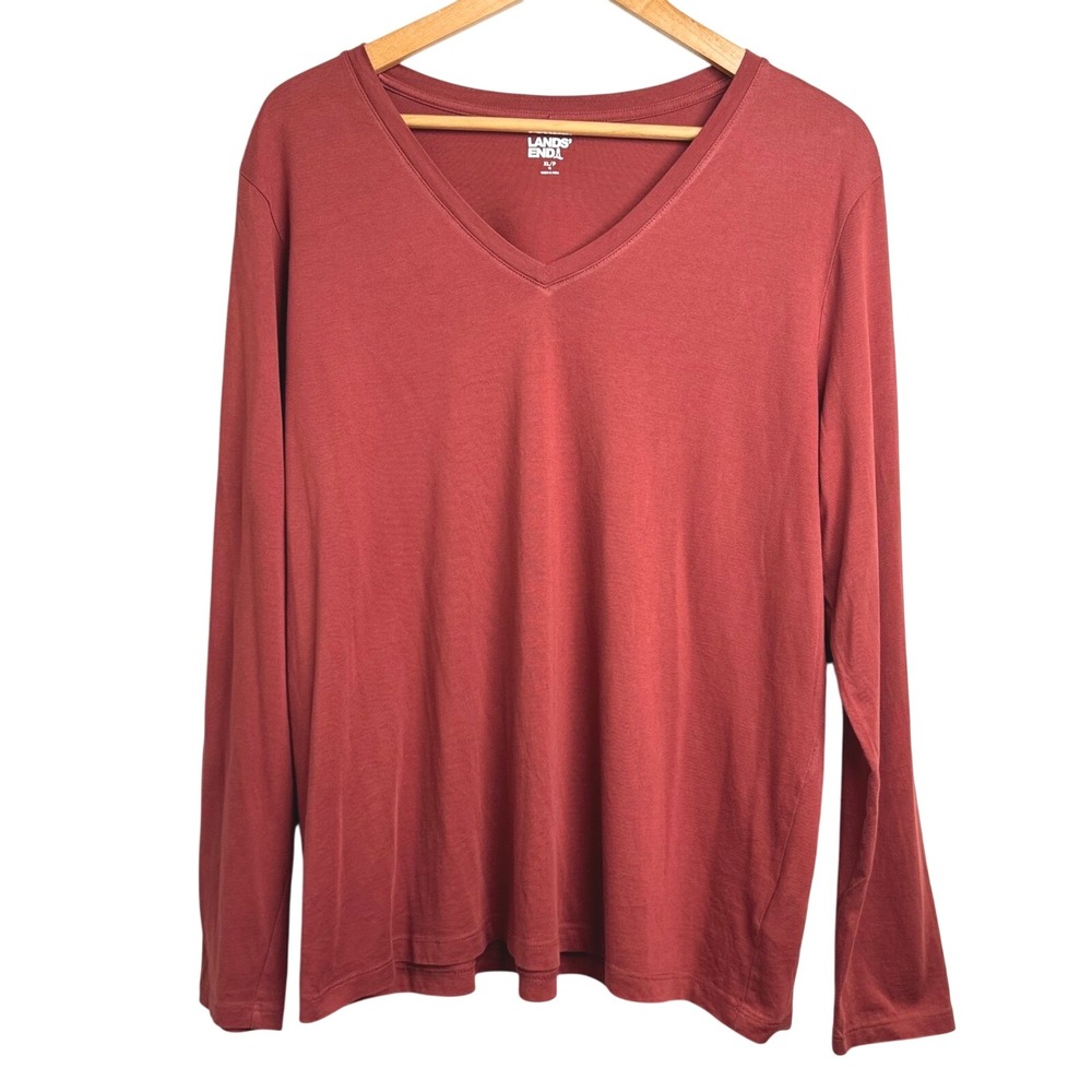 Lands' End Womens Long Sleeve V Neck T-Shirt Top XL Petite Cotton Blend